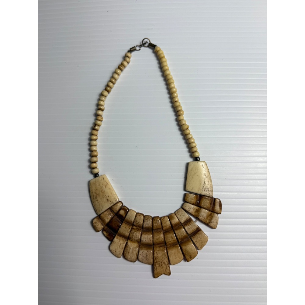Tribal Bib Necklace Wood Bone Look Statement Boho Bohemian Fashion Jewelry